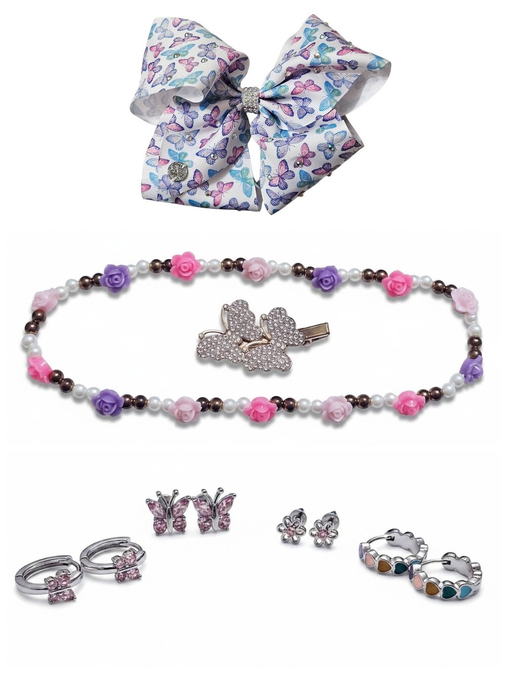 Little Girls Butterfly Hair Accessories & Jewelry Bundle Clips Necklace Earrings